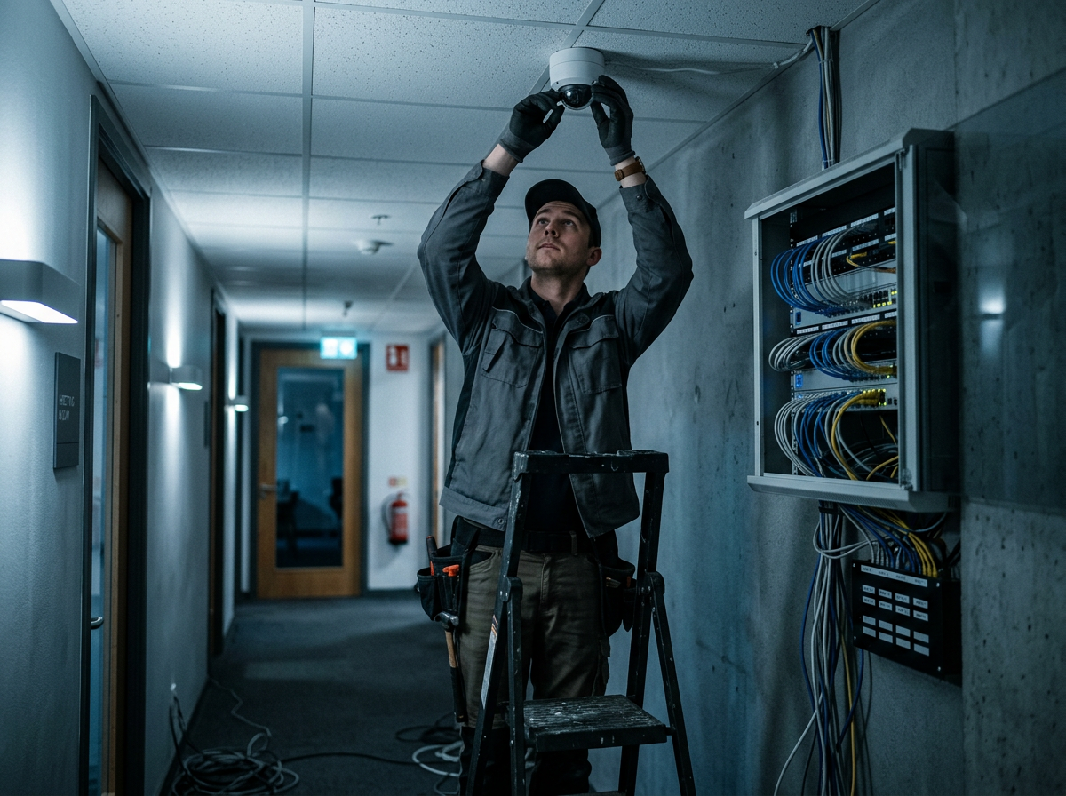 A technician on a small ladder adjusting a ceiling camera next to a network cabinet