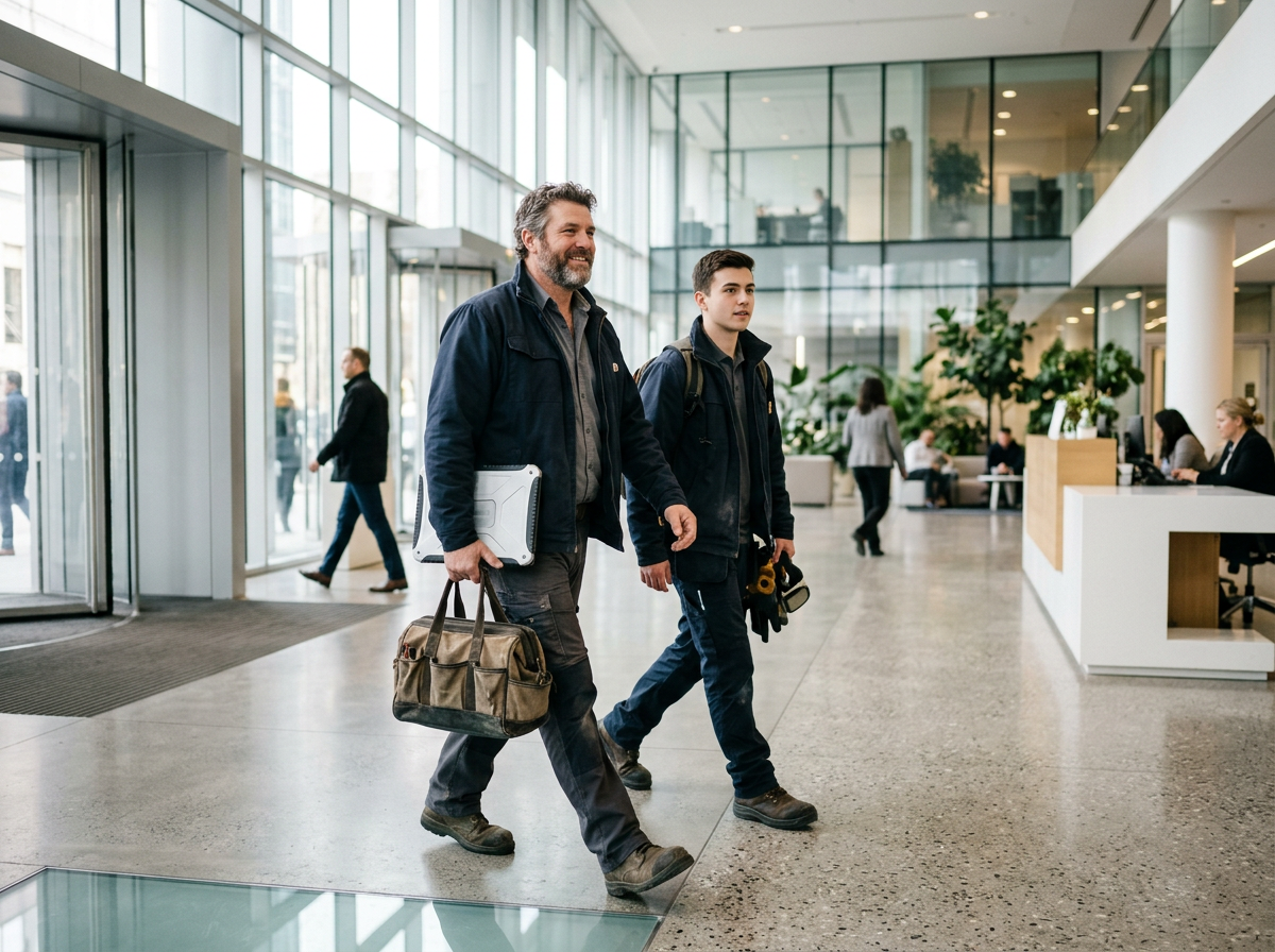 Two technicians with a tool bag and a laptop walking into an office building